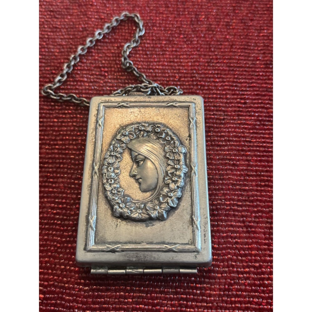 Vintage Art Nouveau Lady Portrait Coin Purse Dance Compact Necklace Chatelaine